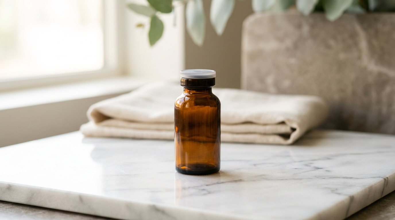 BPC-157 compounded peptide vial in a calm wellness setting representing tendon recovery