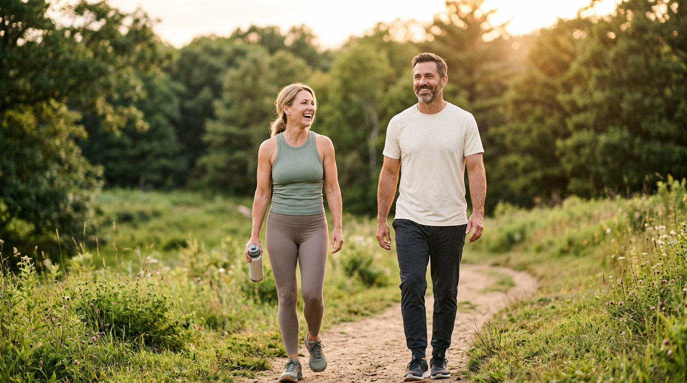 Healthy energized man and woman smiling outdoors in golden-hour sunlight, representing rejuvenation from NAD+ therapy