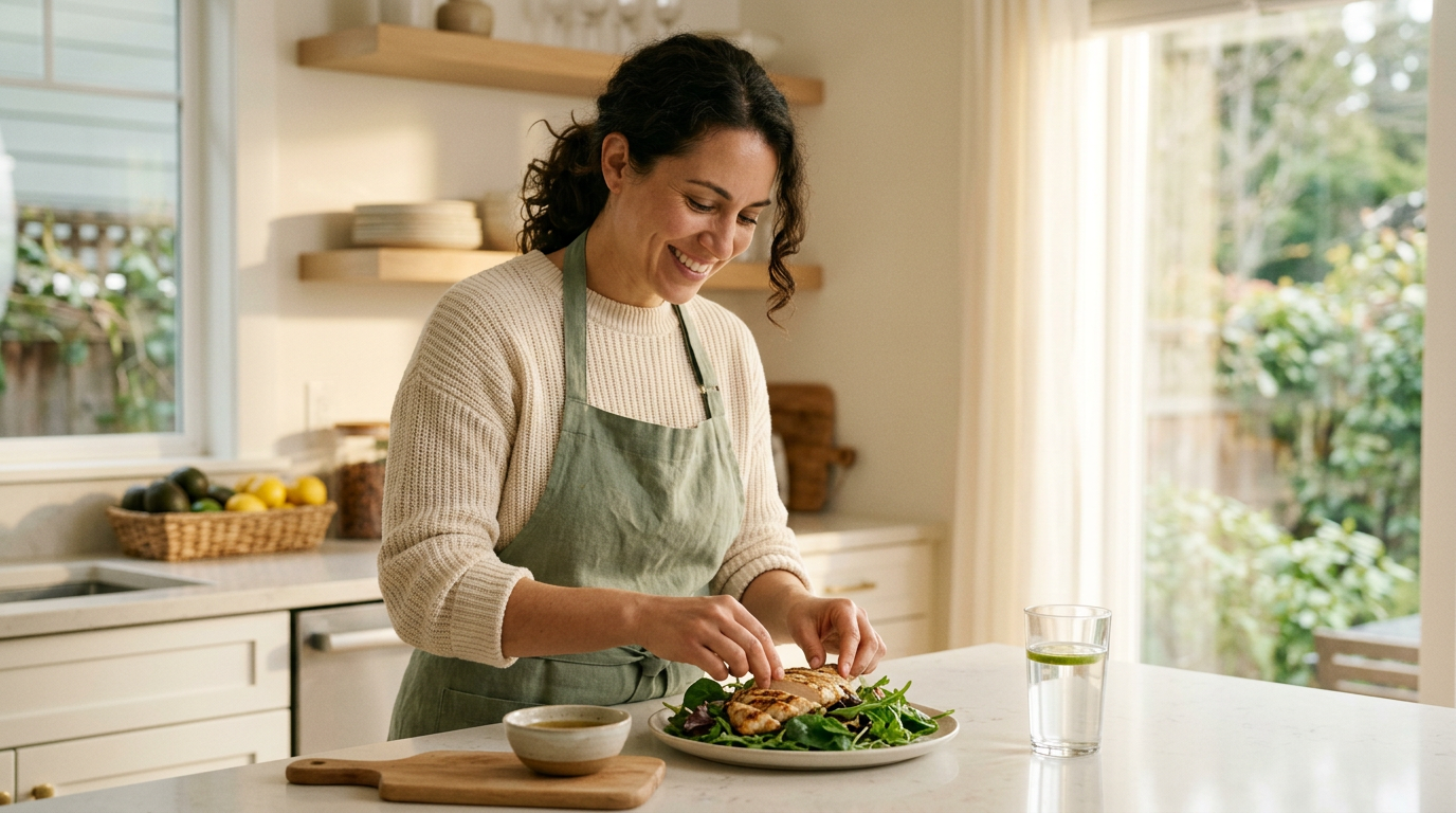 Healthy person preparing a balanced meal of grilled chicken, greens, and water in a bright kitchen