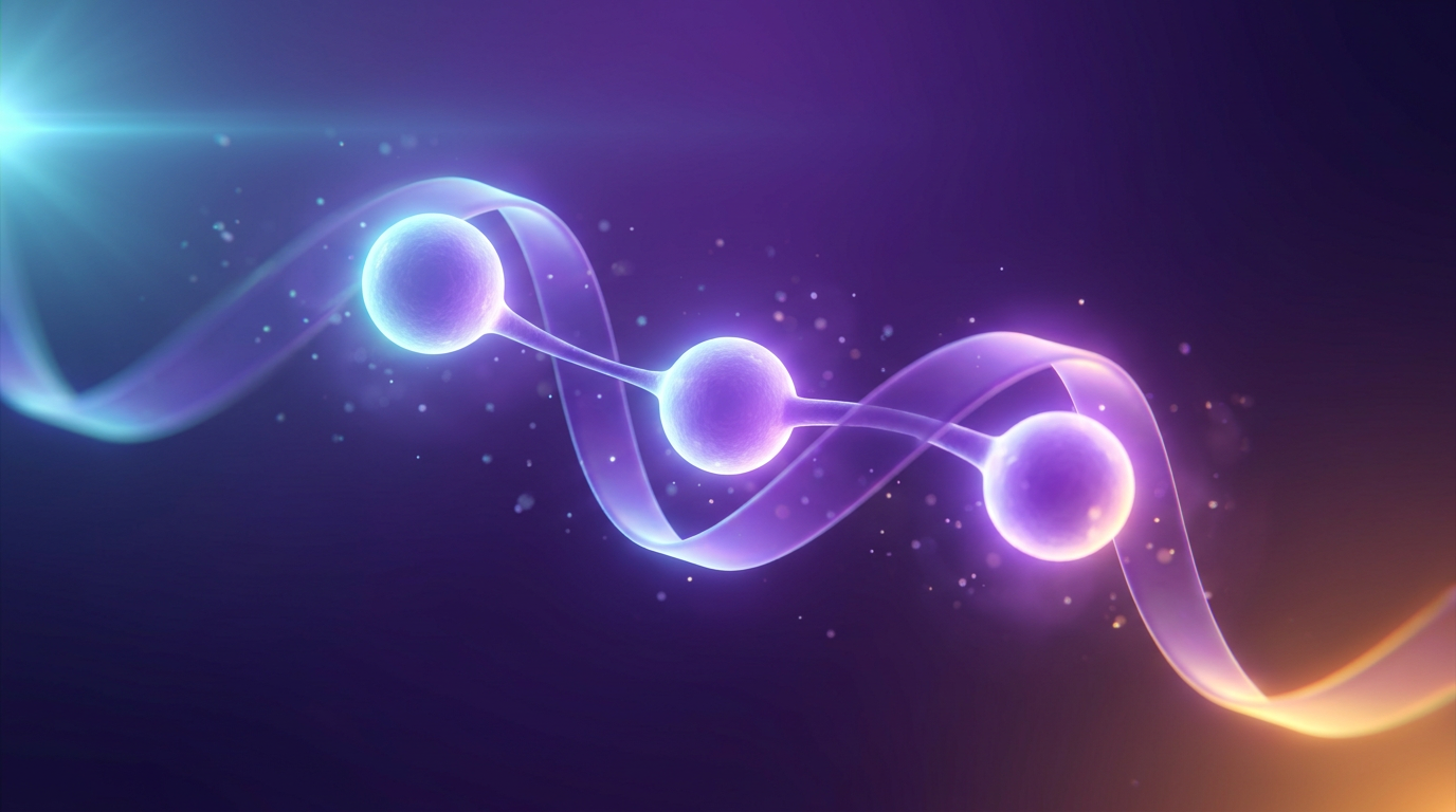 Luminous violet and cyan glutathione molecule rendered as a glowing tripeptide chain in deep purple space