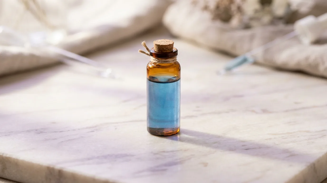 GHK-Cu copper peptide vial close-up on a soft minimalist background