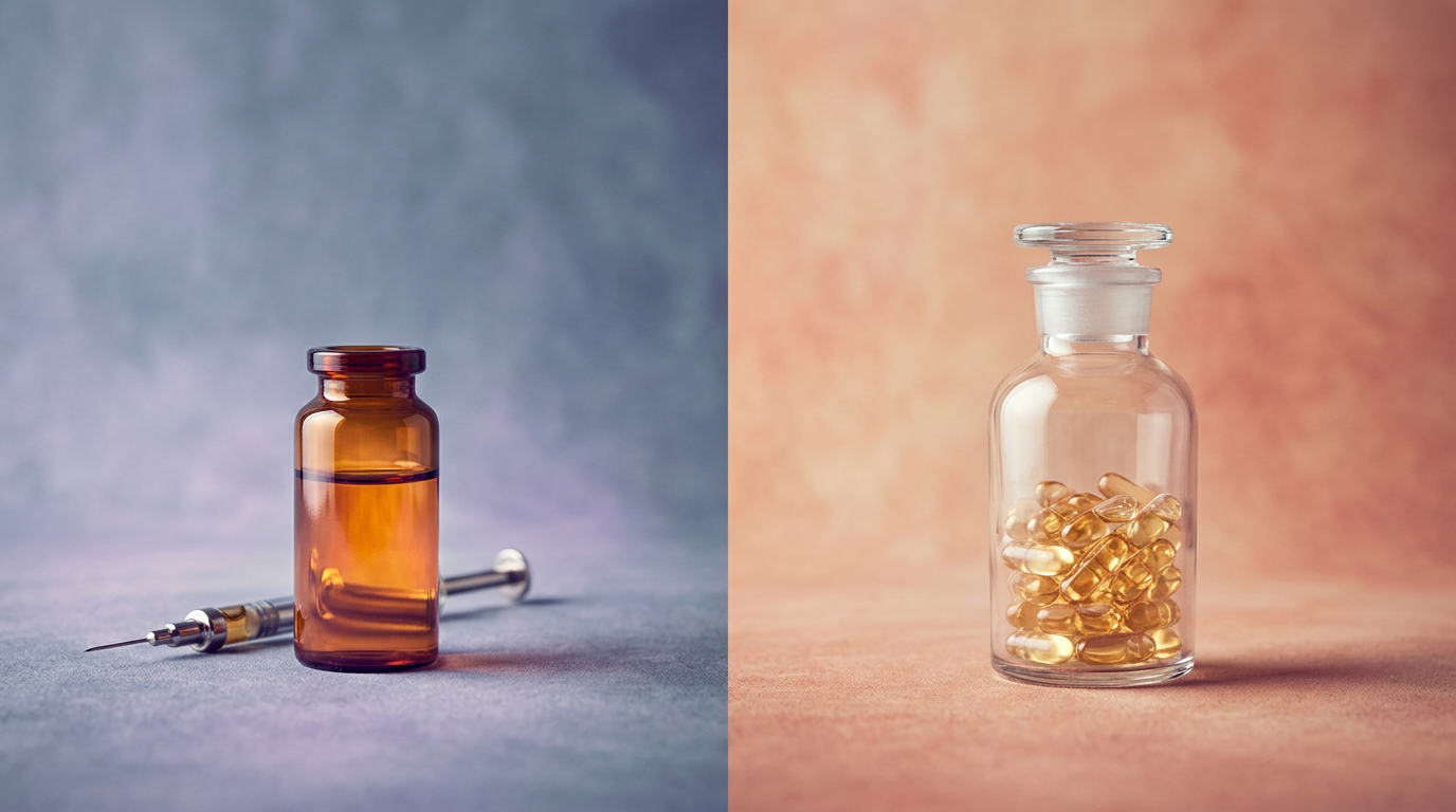 NAD+ injection vials and oral supplement capsules side by side for comparison
