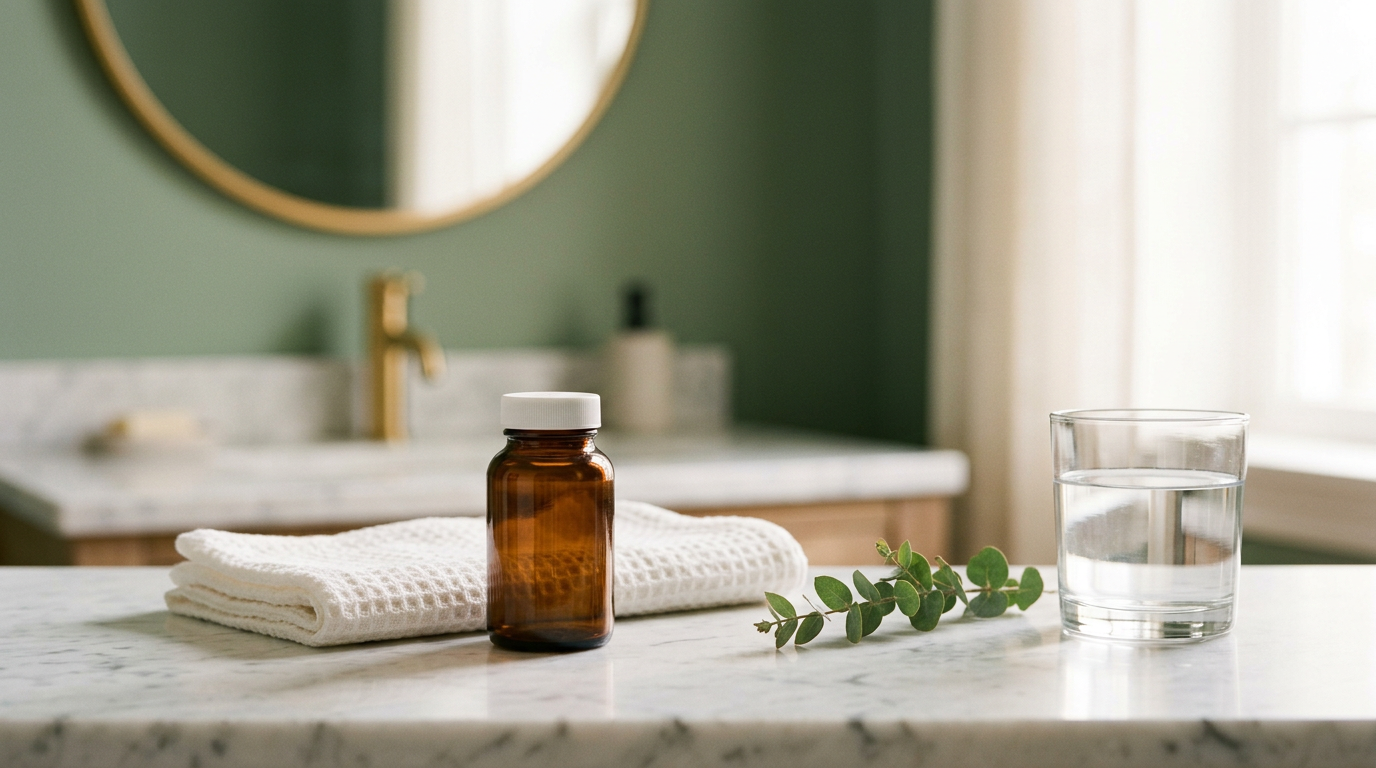 Calm bathroom counter scene representing a once-daily oral hair loss treatment