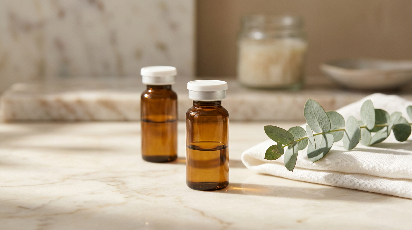 Two amber peptide vials representing the Wolverine stack of BPC-157 and TB-500 in a calm wellness setting
